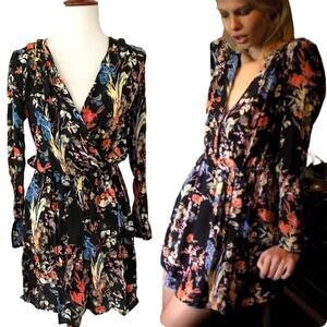 Rory Beca Black Floral Surplice Neck Long Sleeve Fit & Flare Dress Women’s Small